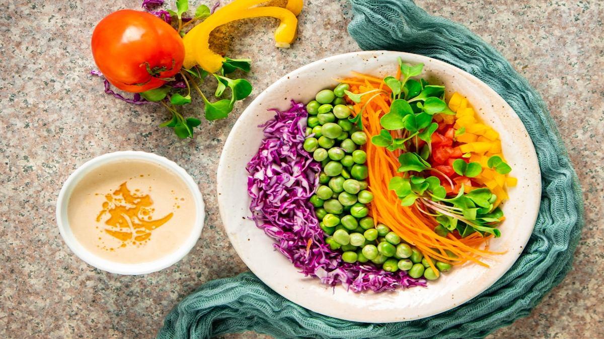 plant-forward protein — quinoa buddha bowl with fresh vegetables