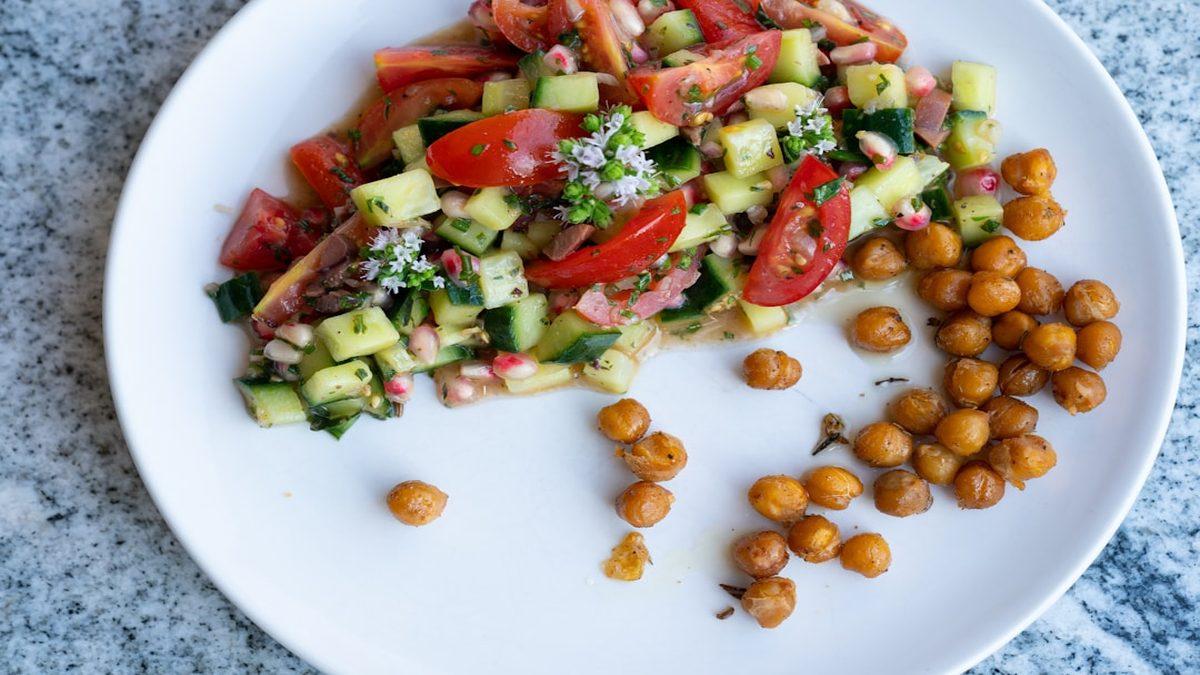 plant-forward protein — fresh chickpeas and vegetables on plate