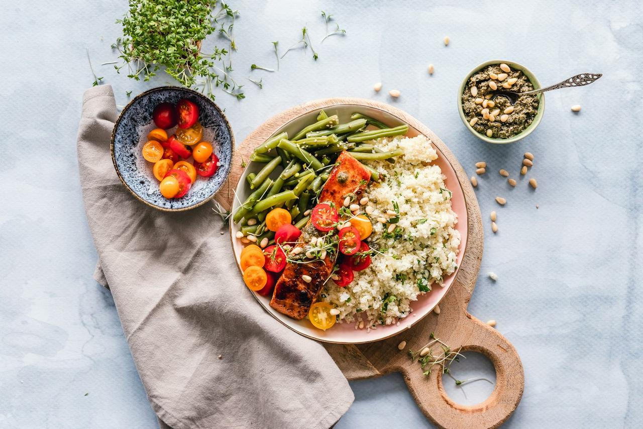 build a balanced plate — overhead view of complete nutritious meal