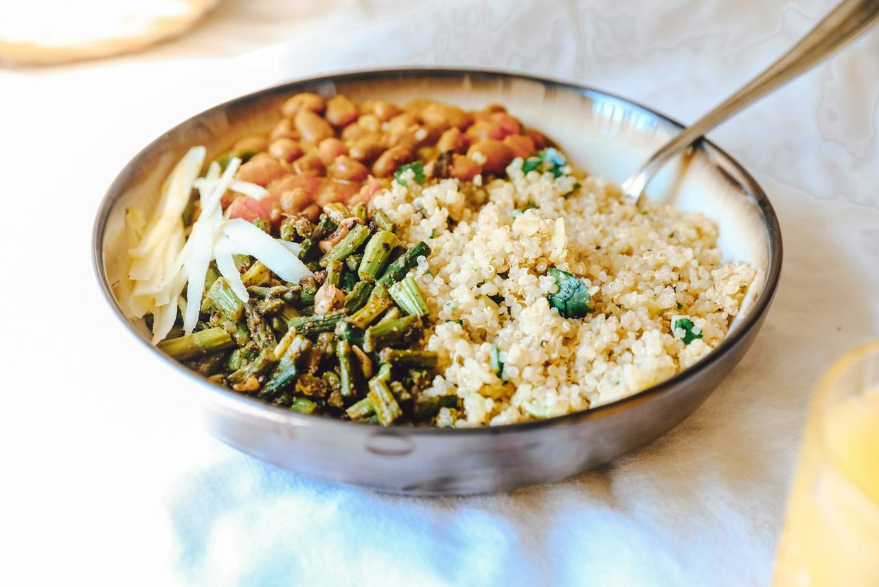 eating more plants — simple plant-forward meal in ceramic bowl