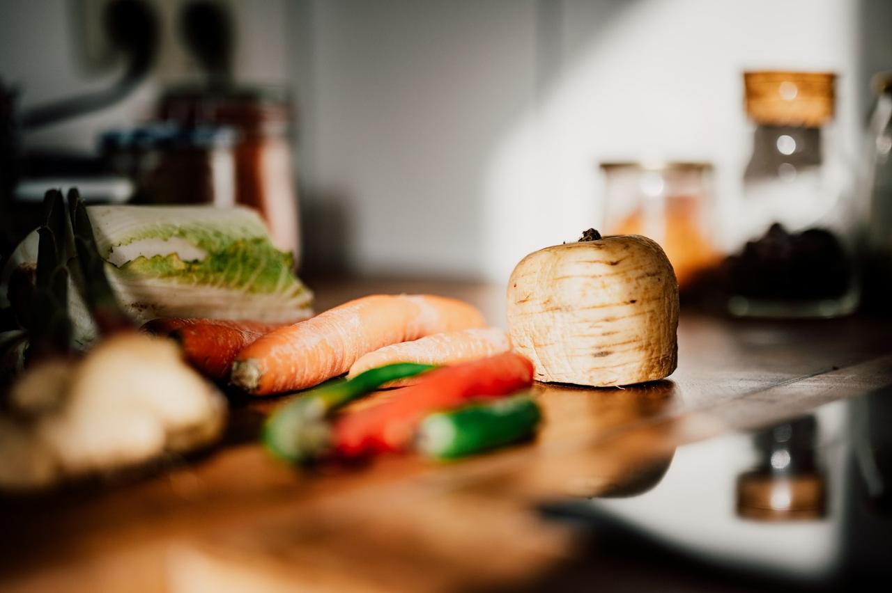 plant-forward eating for energy — fresh produce arranged on kitchen counter